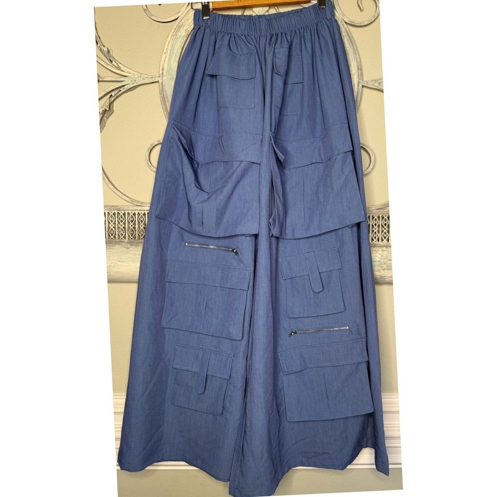 Athina Blue Wide Leg Cargo Pants Multi Pocket Utility Rayon Womens Small NWT - Picture 3 of 8